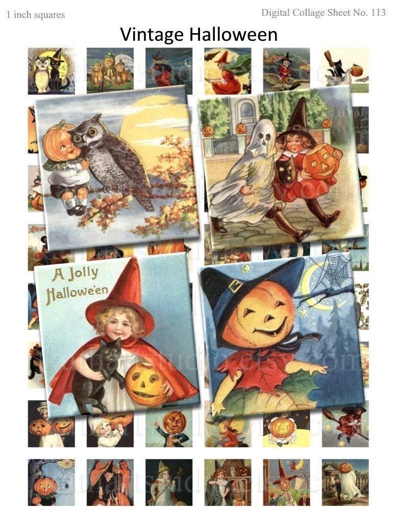 Buy 2 GET 2 FREE Vintage Halloween Witches, Owls, Cats, Printable Collage Sheet - 1 inch squares for pendants, stickers, tiles, magnets 113