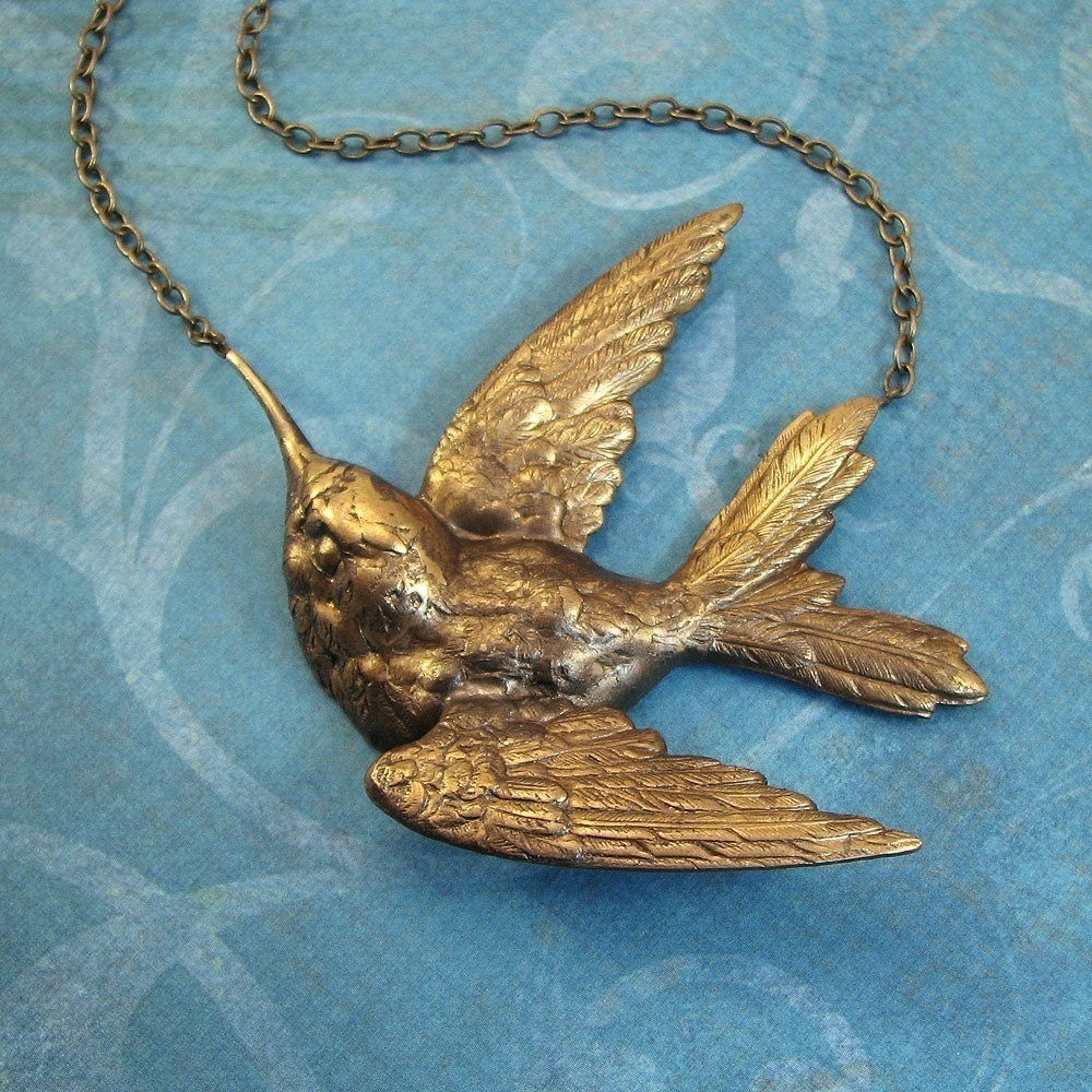 hummingbird necklace, large, brass, antiqued finish