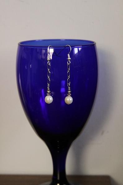 Long Dangling White Pearl and Pink Swarovski Crystal Earrings