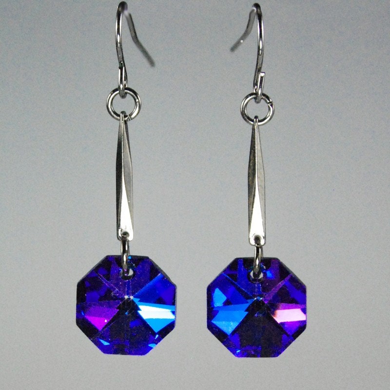 Beautiful Blue Octagon Crystal Earrings on Gunmetal Bar