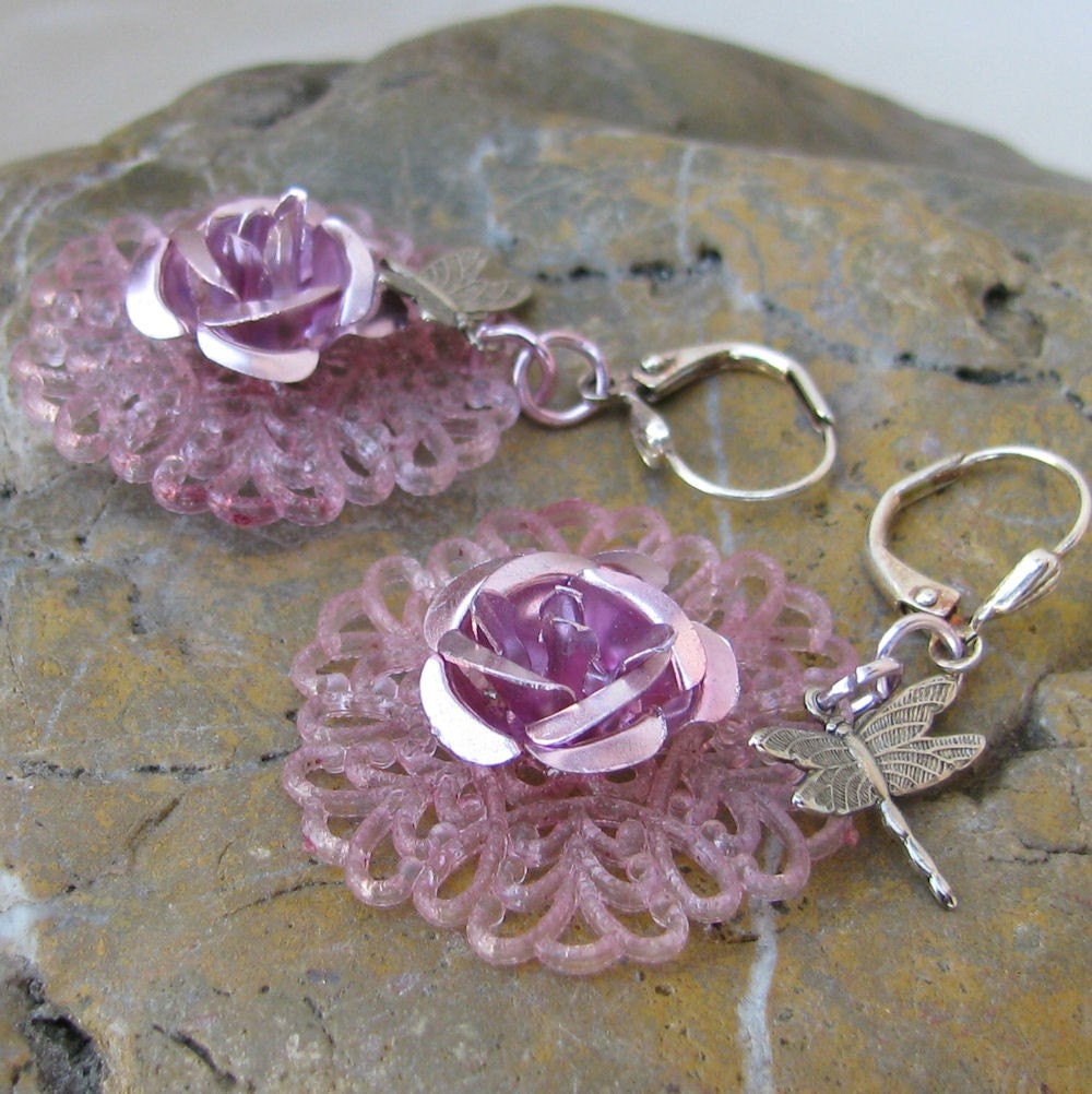 Lucite Filigree Flower Garden Dragonfly Earrings