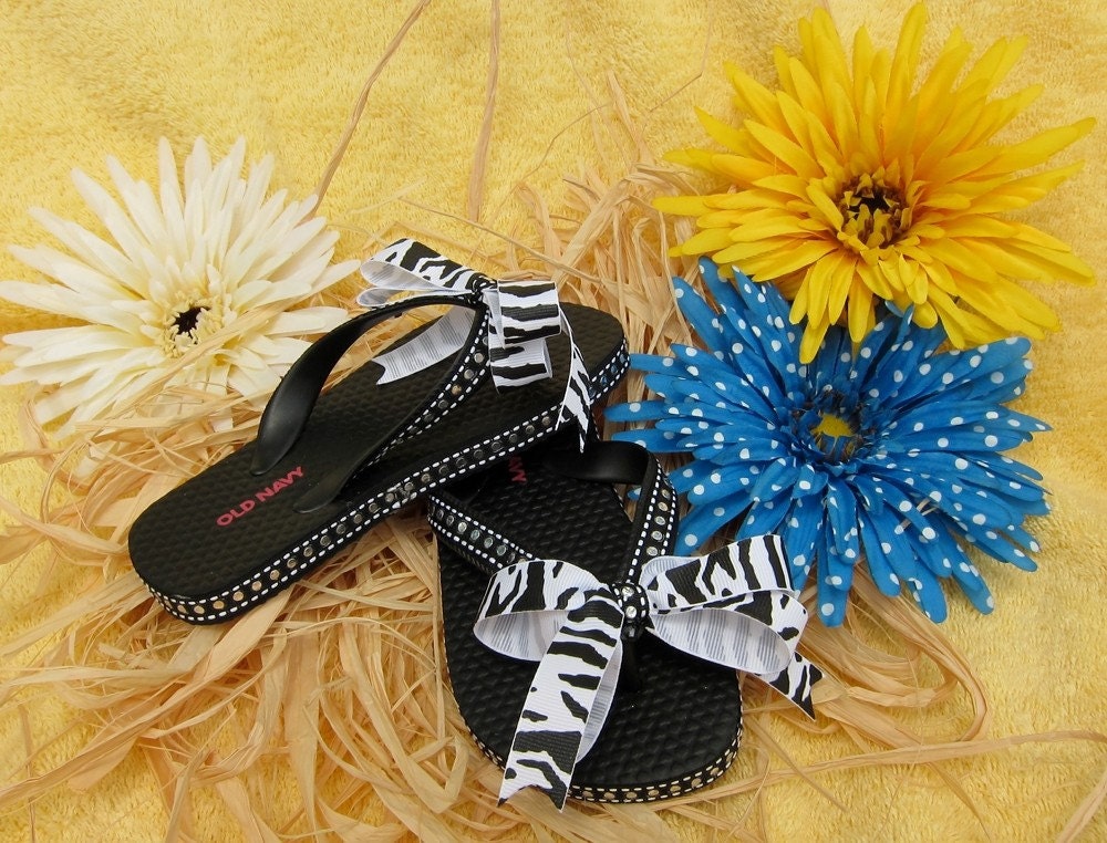 Black Zebra Ribbon Flip Flops