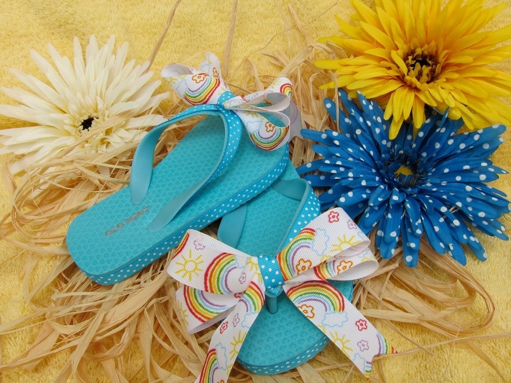 Blue Rainbow Ribbon Flip Flops
