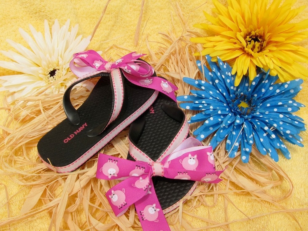Black and Pink Pig Ribbon Flip Flops