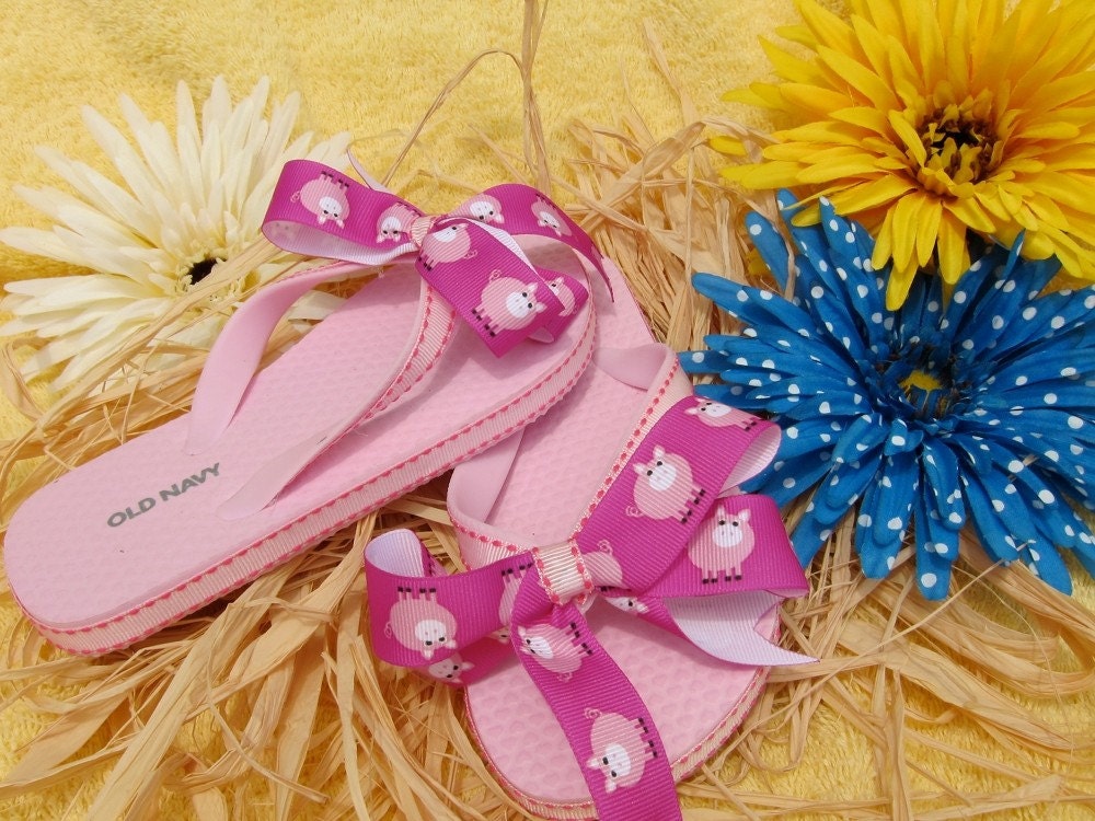 Pink Pig Ribbon Flip Flops