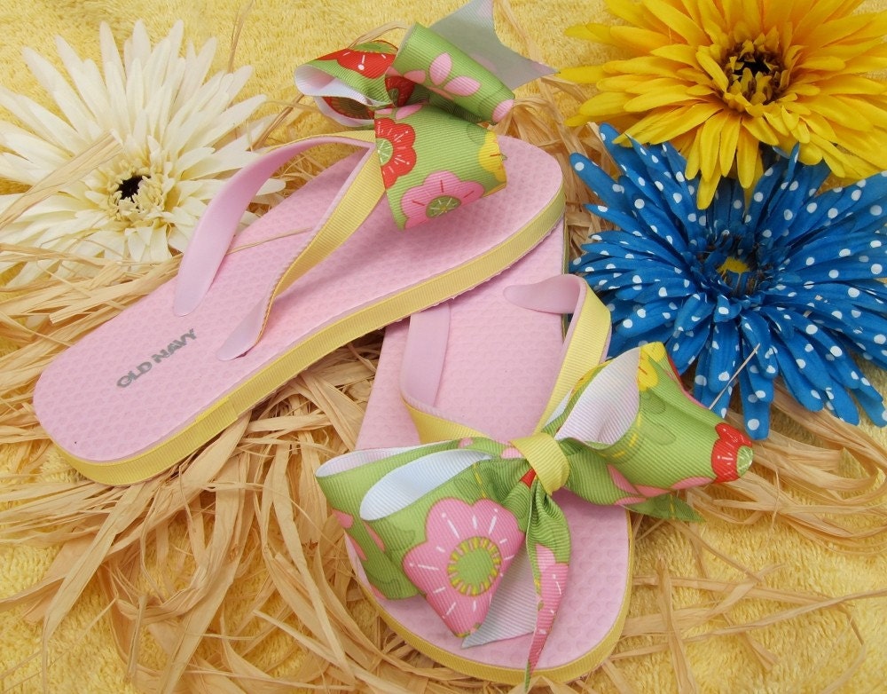 Pink and Green Flower Ribbon Flip Flops