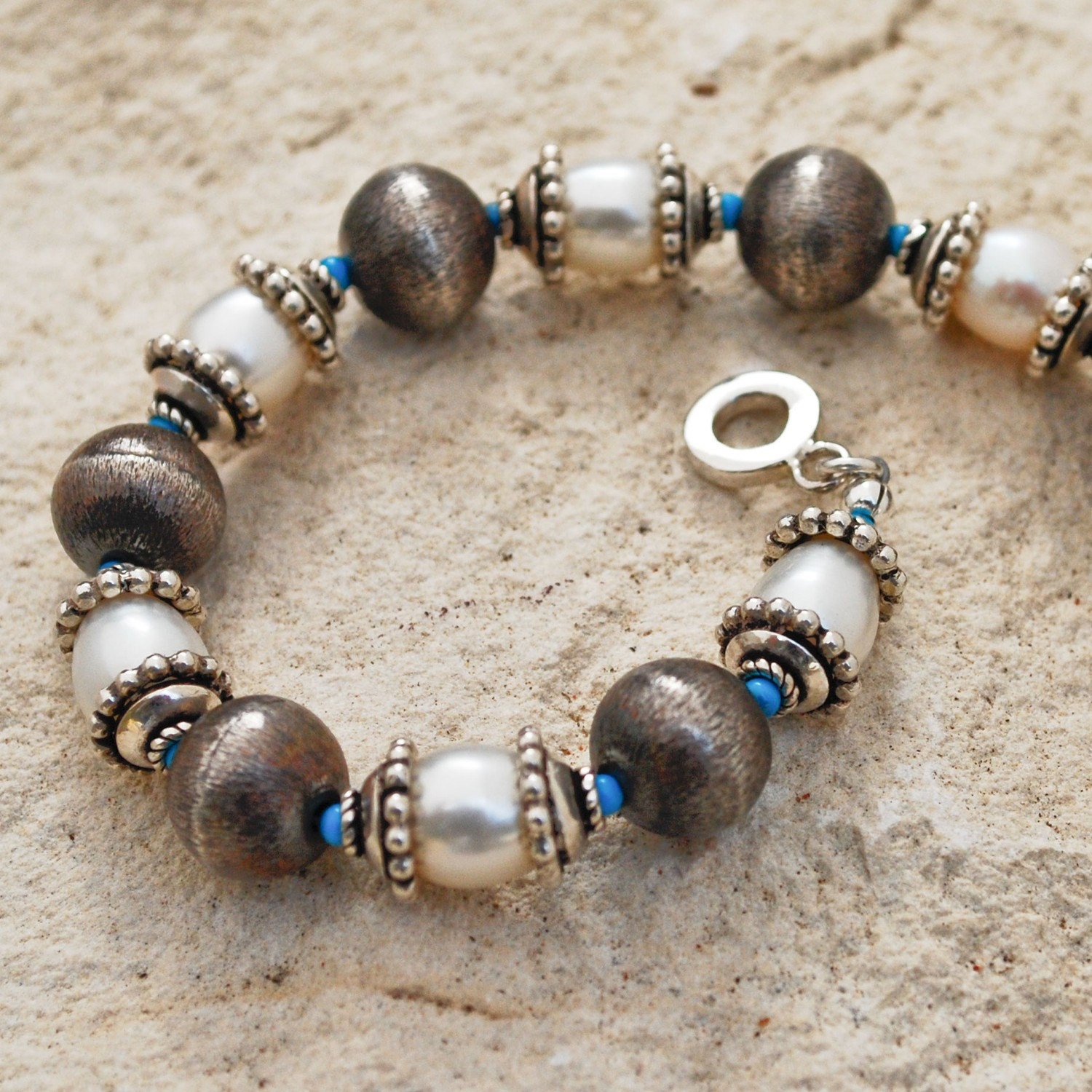 White Pearl Oxidized Silver Bracelet Moroccan Wedding Jewelry