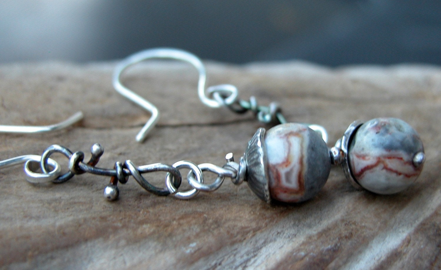 twisted silver crazy lace agate earrings