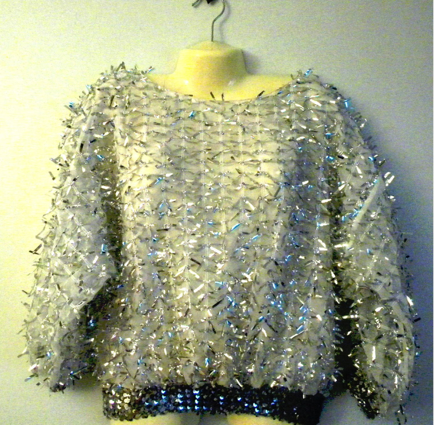 Siver Foil Ribbons on White Chiffon Sleeve Top with Sequin ribbing at waist and wrists