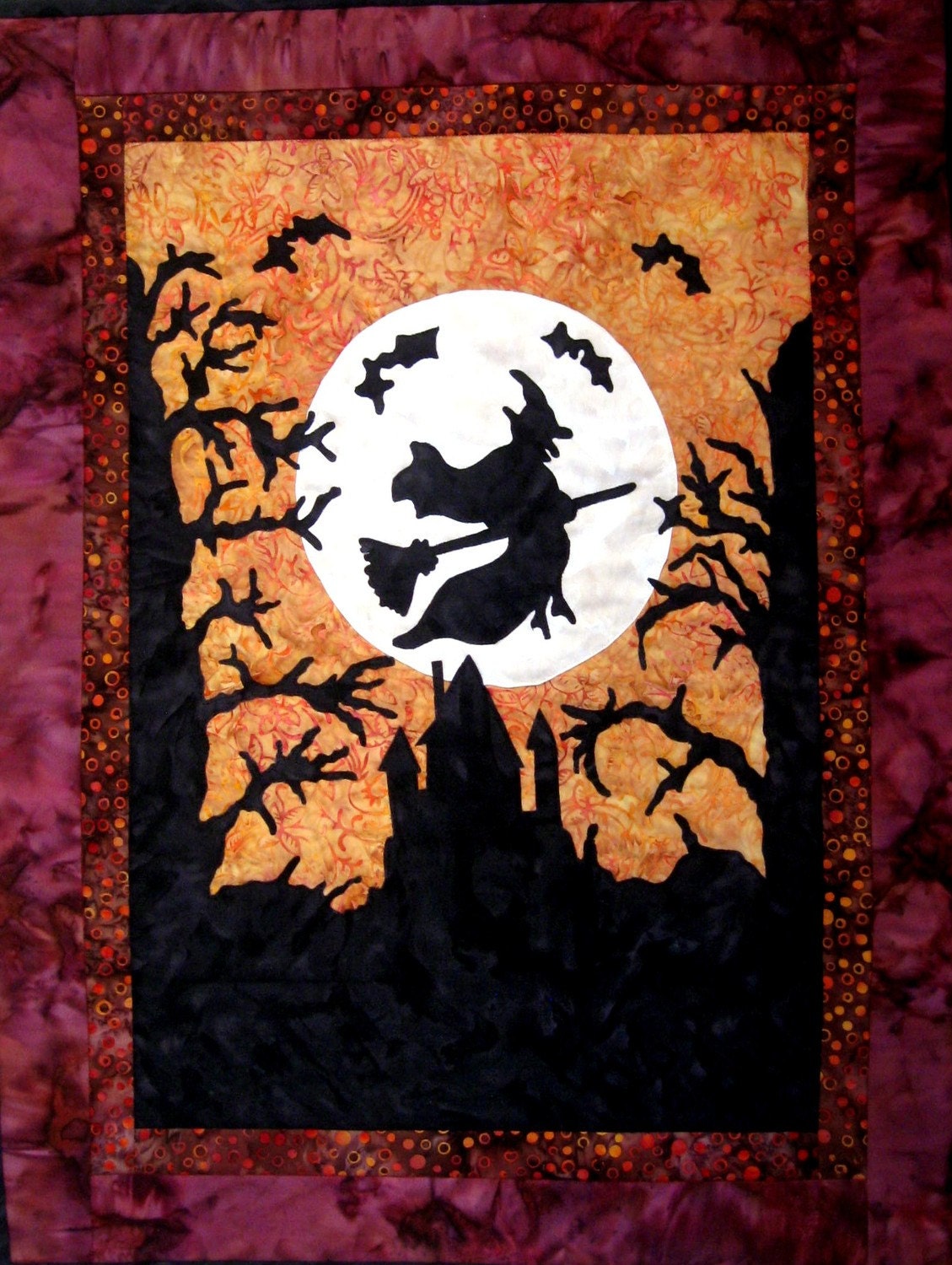 Halloween Wall Hanging Fiber Art Witch Quilt  Batik Black Gold Orange