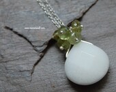 Serenity Necklace - White Jade Briolette Pendant, Green Garnet, Sterling Silver