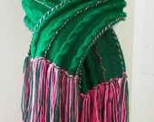 Sale - Kelly Green and Hot Pink Cable Scarf with Fringe - Ladies