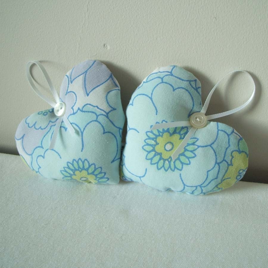 vintage fabric hearts in green apple and sky blue
