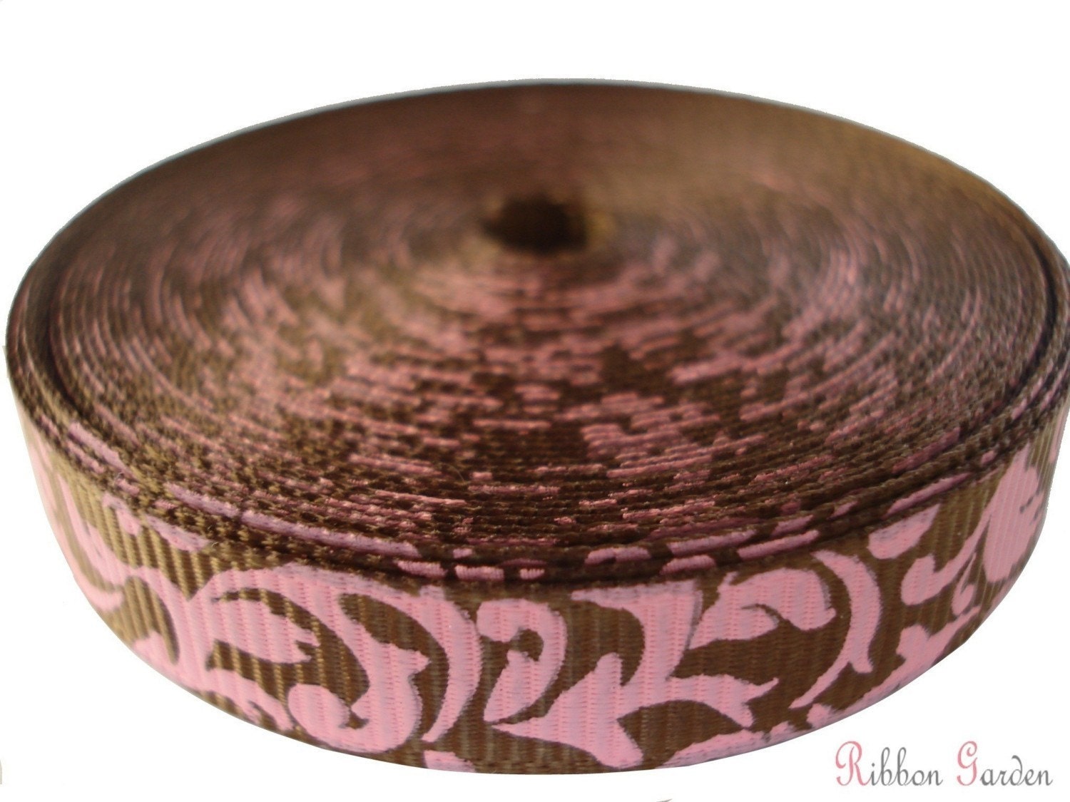 5 yards - Damask Swirls Grosgrain Ribbon - Light Brown and Pink - 3/8 inch wide - Damask Prints