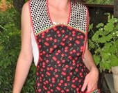 Vintage Everyday Housewife Apron  (size small to medium) - Black with Red Cherries