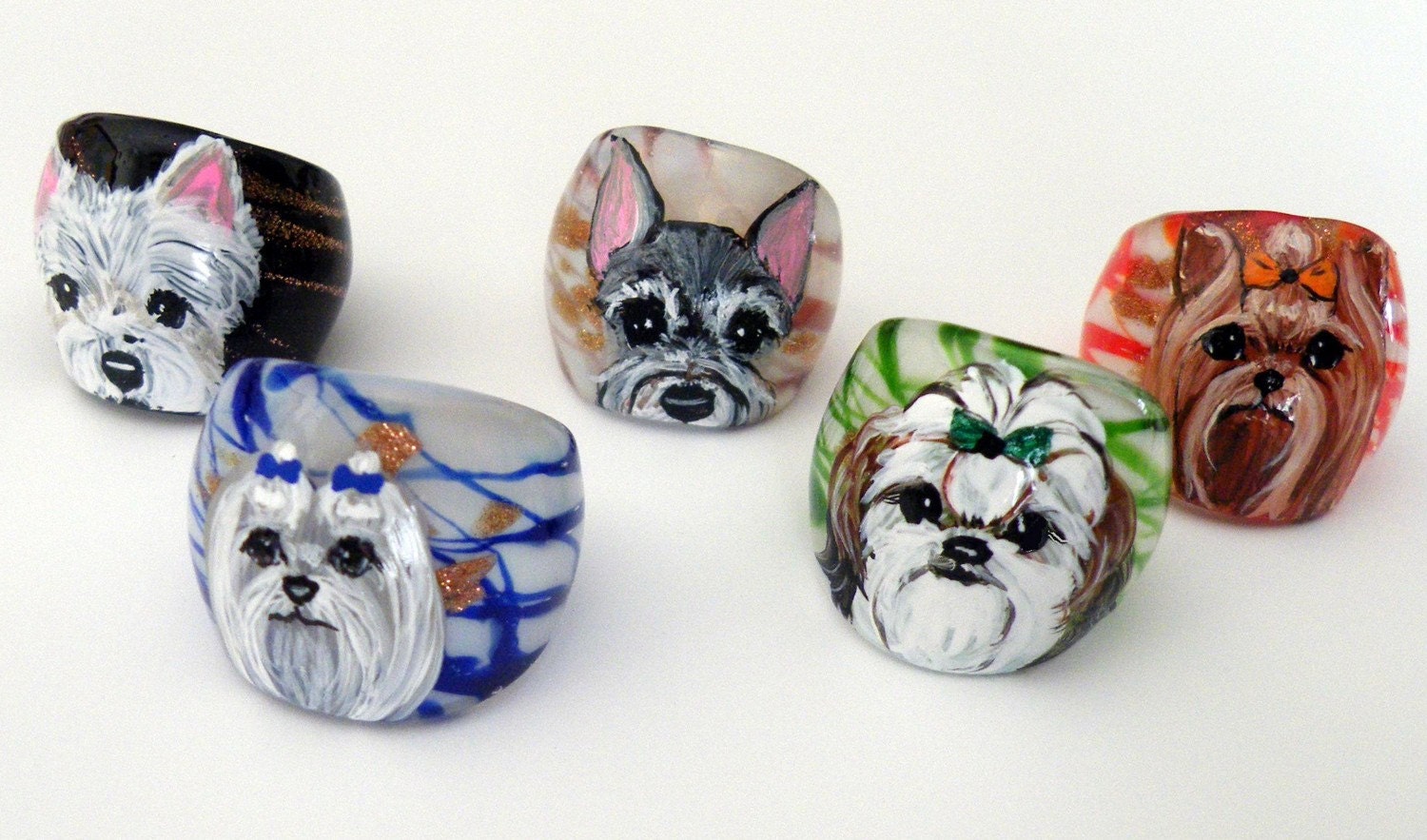 Hand Painted Dog Breed Murano Glass Ring Jewelry