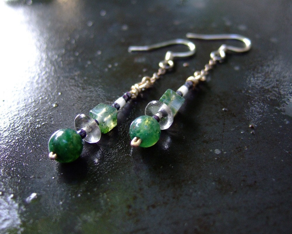 Moss Swing, handmade agate and sterling silver earrings