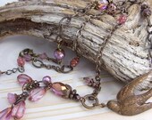 Pink Necklace Vintage Style Rosey Pink Bird Swallow Antique Brass