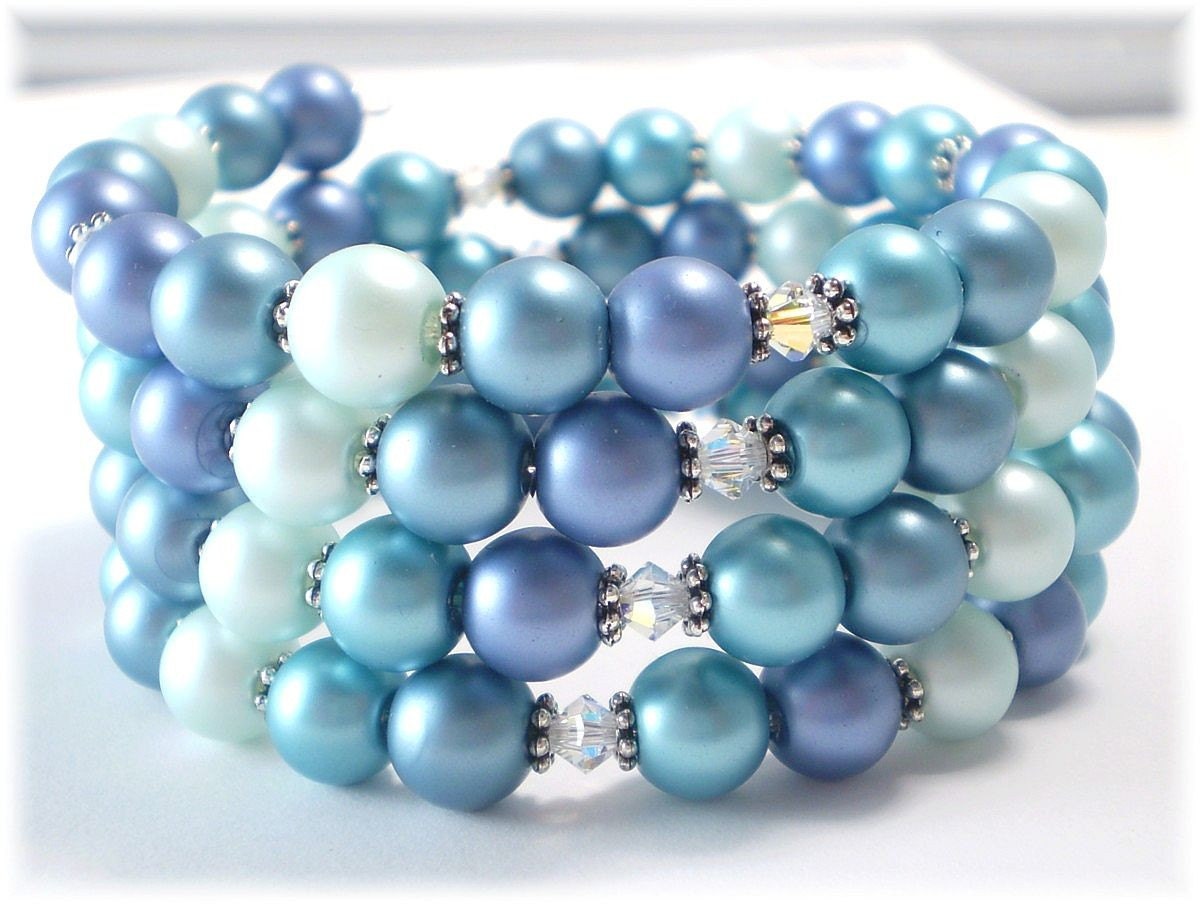 Blue Pearl Cuff Bracelet with Swarovski Crystals Blue Skies