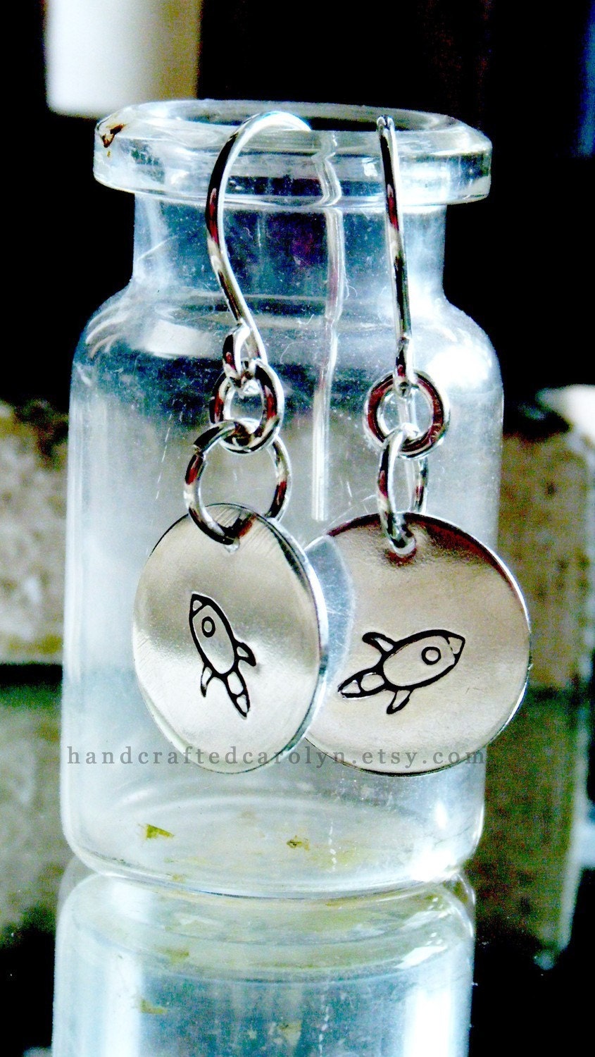 BLAST OFF - Classy Geekwear - Rocket Ship Stamped Earrings - Sterling Silver -