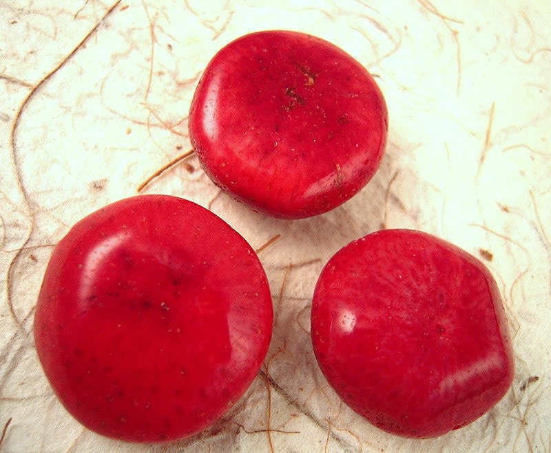 3 LARGE, Red, Coral, Beads, Disks, Bamboo Coral Beads