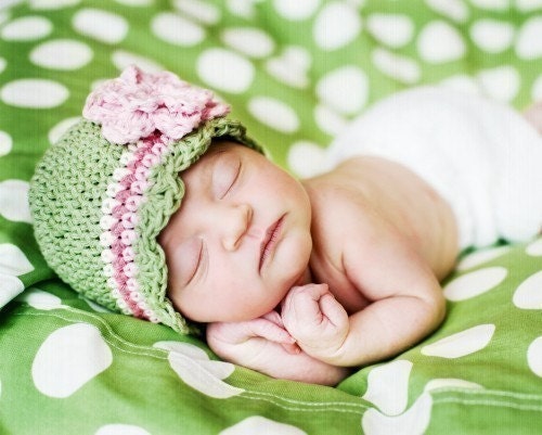 Newborn CandyStripe Flapper Beanie - celery, vanilla, rose pink, pastel pink