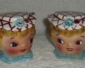 Vintage Lefton Miss Dainty Salt and Pepper Shakers 1950s Girl Lady Pink Blue