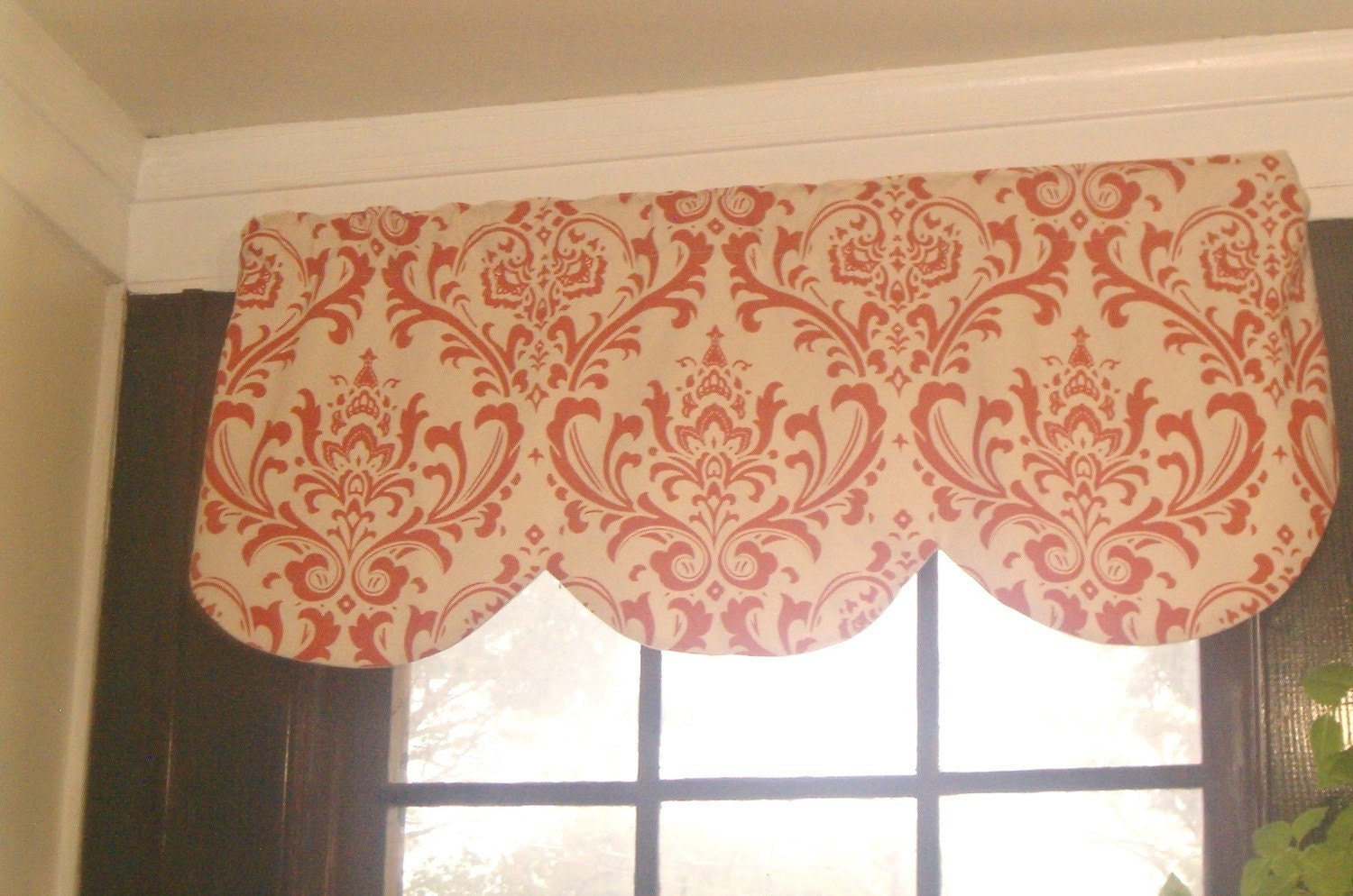 Window curtain scallop valance orange and cream damask 42 x 16