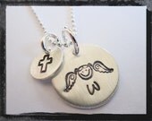 Angel  Necklace Hand Stamped with Cross and Girl or Boy ANGEL Design Stamps and Initial  in Sterling Silver