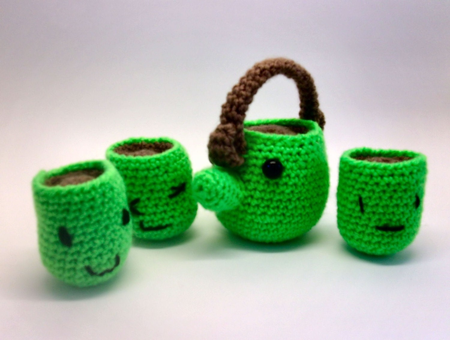 Crochet tea set Japanese Chado tea ceremony amigurumi handmade Green toy play food set for children