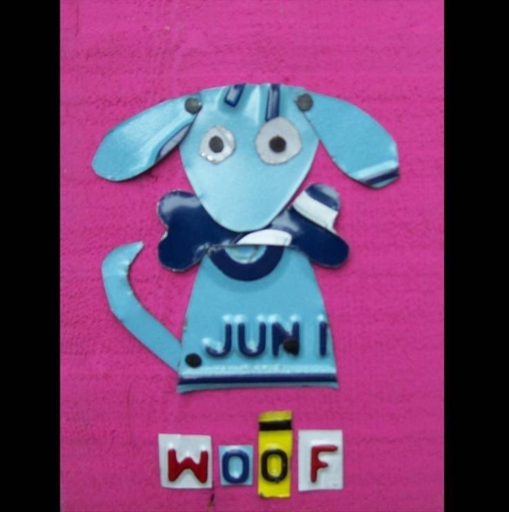 Funky Blue Dog on Pink - She would love to be your Valentine - Recycled Vintage License Plate Art - Salvaged Wood - Upcycled Artwork
