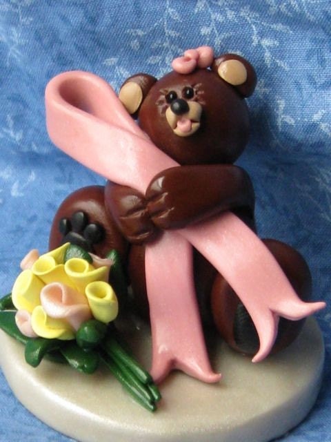 Breast Cancer Polymer Clay Bear with Pink Ribbon and Flowers