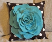 Turquoise Rose on Brown with White Polka Dot Pillow