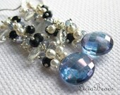Gemstone dangle earrings with cluster of freshwater pearls, black spinel and blue quartz