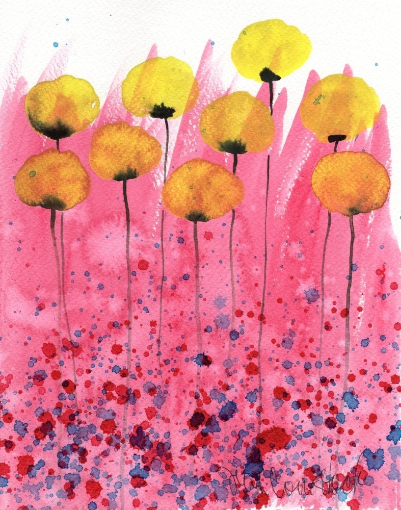 Birthday Cake -- Yellow Flowers -- Original Watercolor Painting 8x10