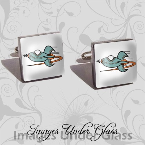 ROCKET MAN - Pair of Handmade Recycled Glass Image Cufflinks in Silver Tone