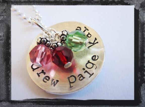 Hand Stamped Sterling Silver Hammered and Textured Pendant Necklace with Birthstones