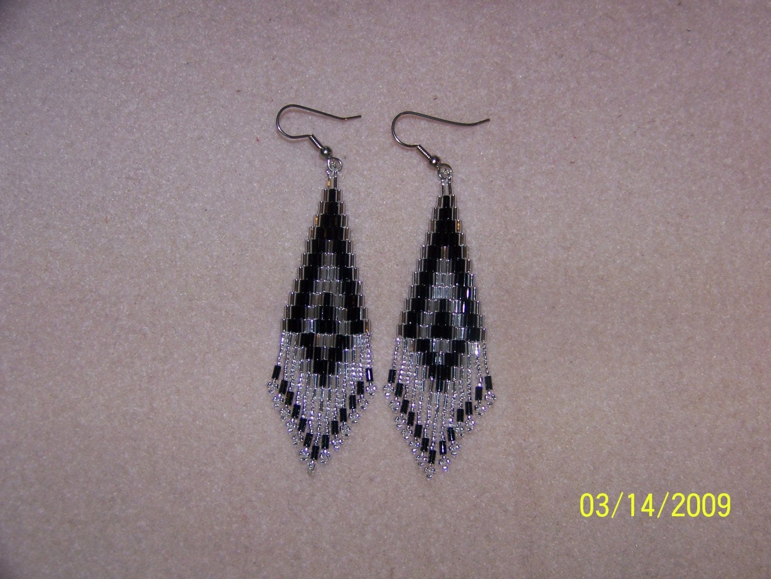 Silver and Black Bugle and seed bead earrings