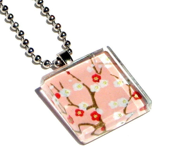 petite petals on blush- glass tile and Japanese chiyogami pendant necklace with gift tin