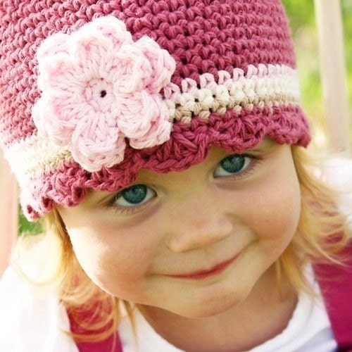 3 to 6 Month CandyStripe Flapper Beanie - dark rose, pastel pink, white, sand