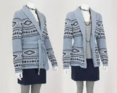 Vintage Oversized Shawl Collar Cardigan with Belt in Aztec Geometric Pattern