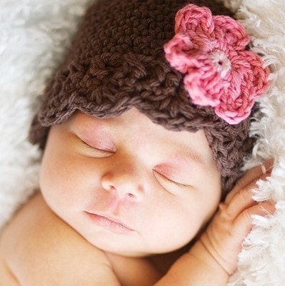 Newborn Daisy Flapper Beanie - chocolate, pastel pink, rose pink