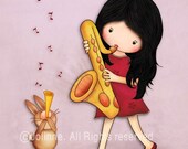 Children wall art print kids room decoration light purple music bunny girl saxophone trumpet