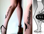 plus size xxl sexy, funny and flirty FOLLOW ME twitter tattoo tights / stockings /  full length  / pantyhose / nylons light mocha