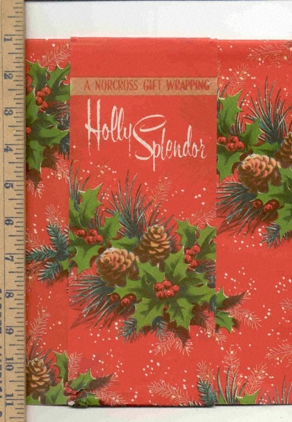 Vintage Christmas gift wrap 2 sheets Holly Splendor wrapping paper