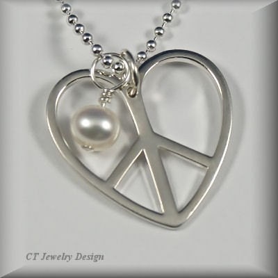 Peace Heart Sign Personalized Cutout Pendant with Pearl Sterling Silver Necklace