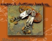 Sunstone and Champange Knockers, Antiqued Copper, Sterling Silver, Sunstone, and Faceted CZ brio earrings, ThePurpleLilyDesigns