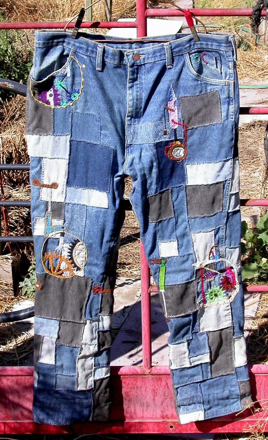 KOGG Resurrected Jeans Patched Embroidered Rustler steampunk Jeans