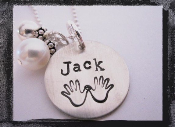 Hand Stamped Sterling Silver with hand prints Necklace in TYPE FONT