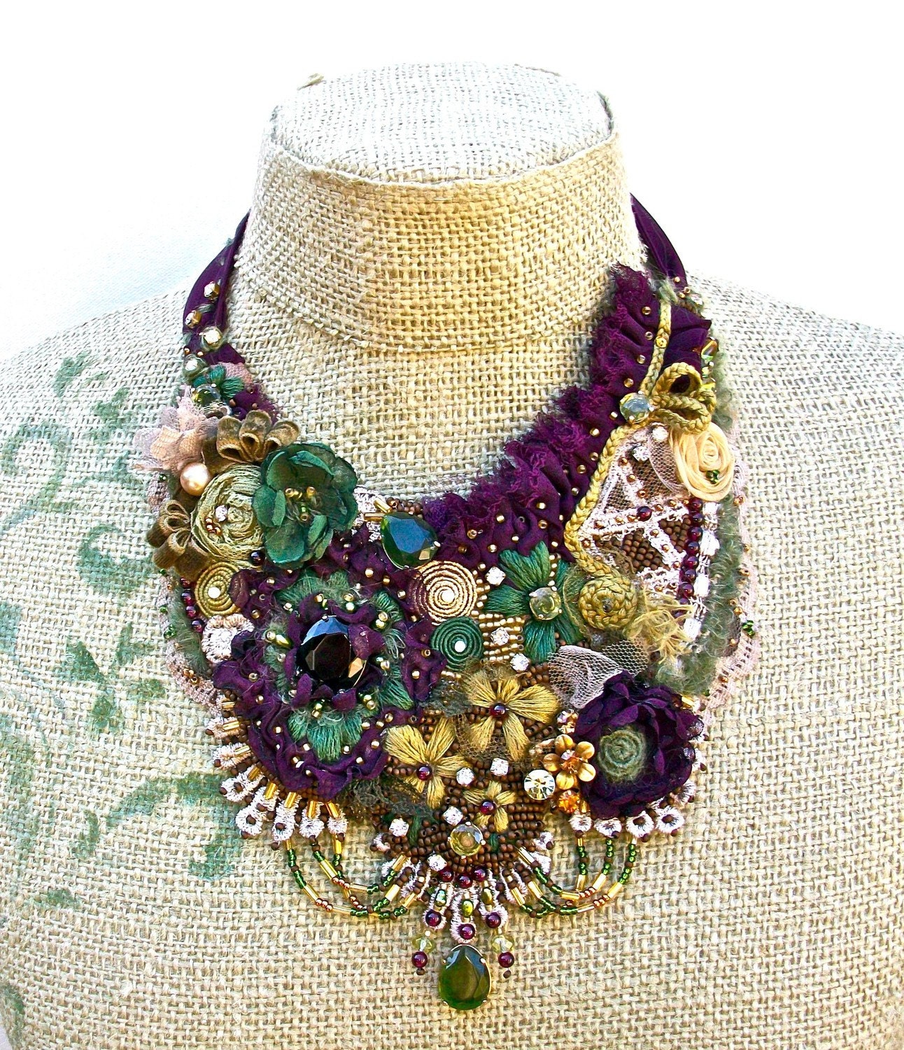 Bohemian Yestreen- embroidered modern heirloom bib necklace, with Vintage rhinestones and findings